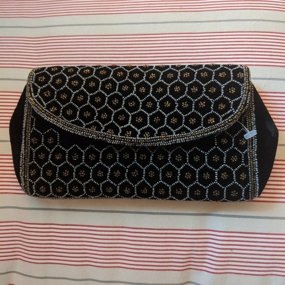 Vintage black velvet beaded clutch